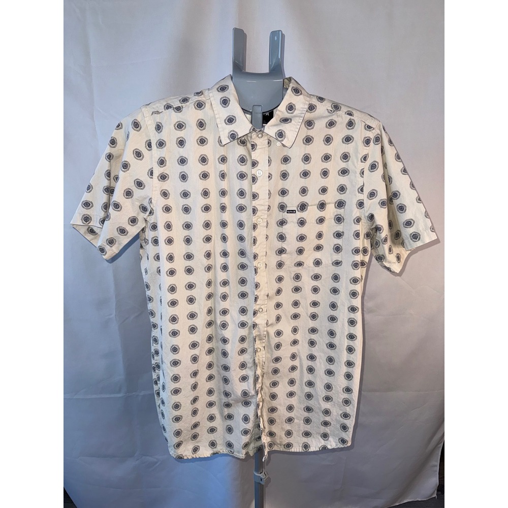 Hurley Mens Short Sleeve Button Down Shirt Cream Geometric Eye Print Size‎ M